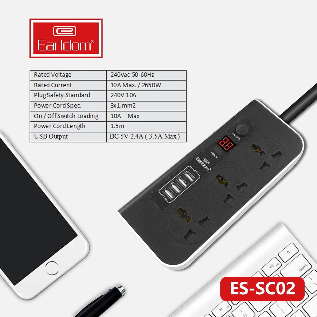 وصلة طاقة Earldom SC02 ثلاثية الاتجاهات مع شاحن سريع 4 منافذ USB مع سلك بطول 1.5 متر وشاشة LED