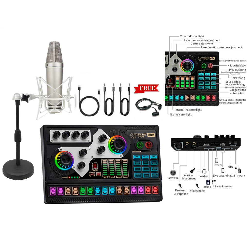 خلاط بطاقة صوت SX96 48V مع ميكروفون U87P للبث المباشر للكمبيوتر والغناء في الهواء الطلق وخلاط منزلي