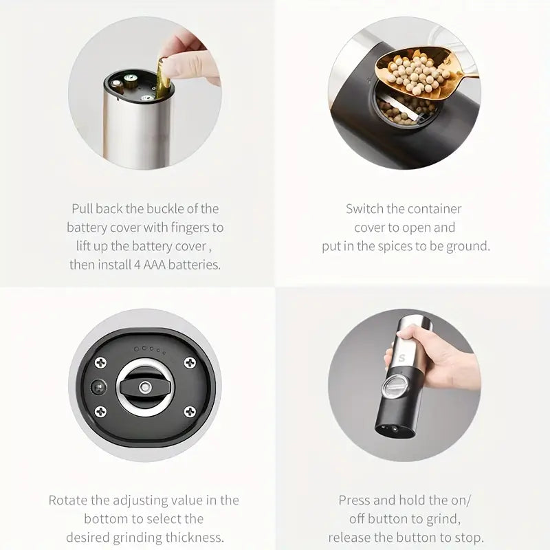 مجموعة مطحنة الملح والفلفل الكهربائية مع قاعدة تخزين، تعمل بالبطارية أو كابل USB