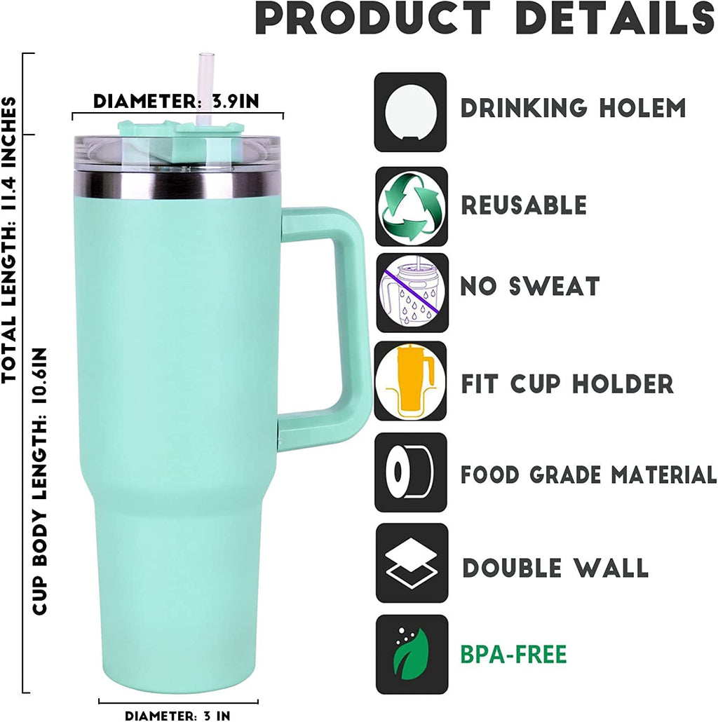 Tumbler with Straw Lid and Handle, 40oz Stainless Steel Coffee Travel Insulated Cup Mug