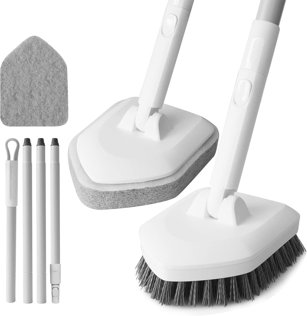 Cleaning Brush with Long Handle, 2 in 1 Tub Tile Scrubber Brush with Sponge and Bristles Cleaning Heads,