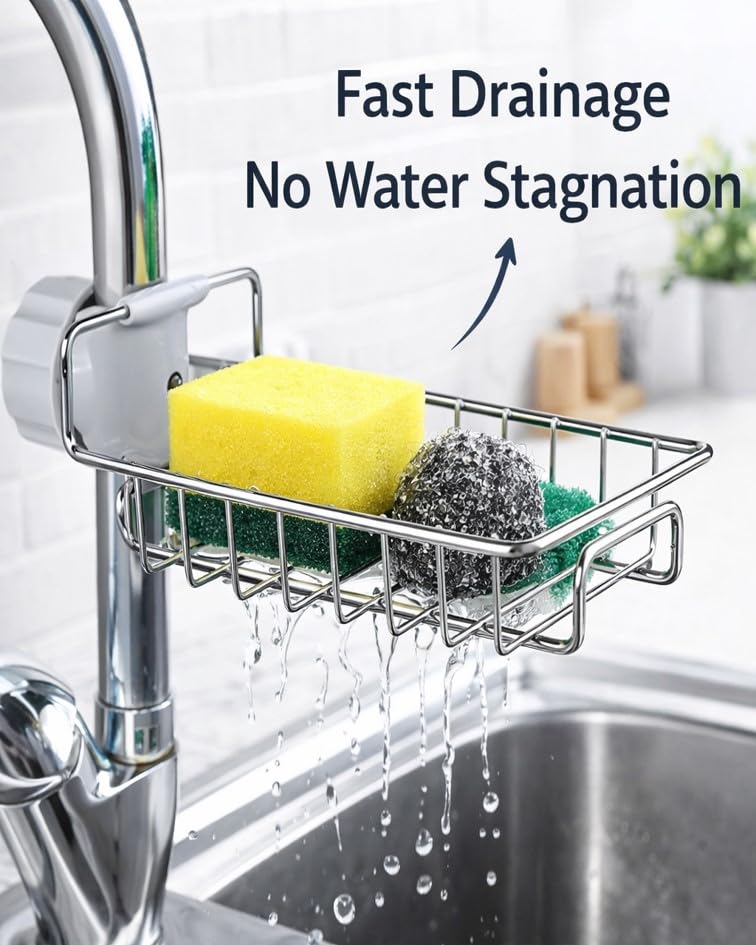 Stainless Steel Sink Caddy Organizer, Sink Faucet Stand, Tap Organizer Clip Storage Rack for Kitchen & Bathroom