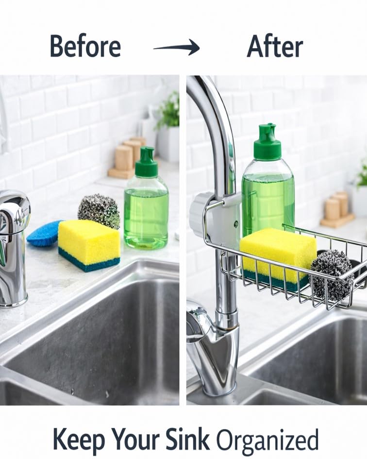 Stainless Steel Sink Caddy Organizer, Sink Faucet Stand, Tap Organizer Clip Storage Rack for Kitchen & Bathroom