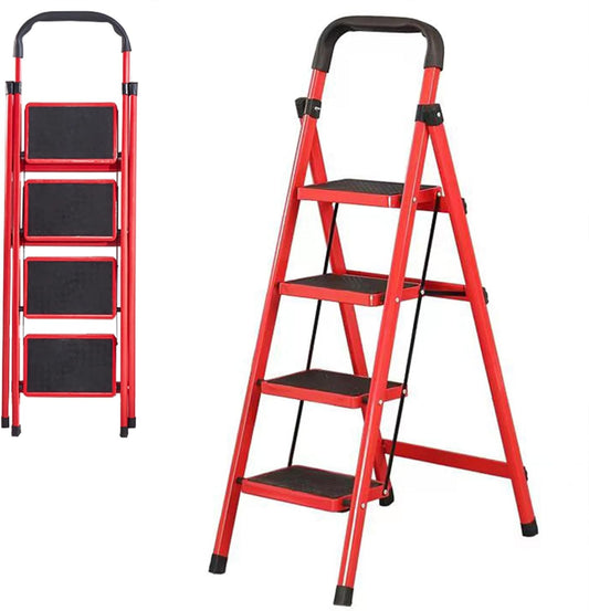 Iron Step Ladder Red 4 Step Folding Ladder