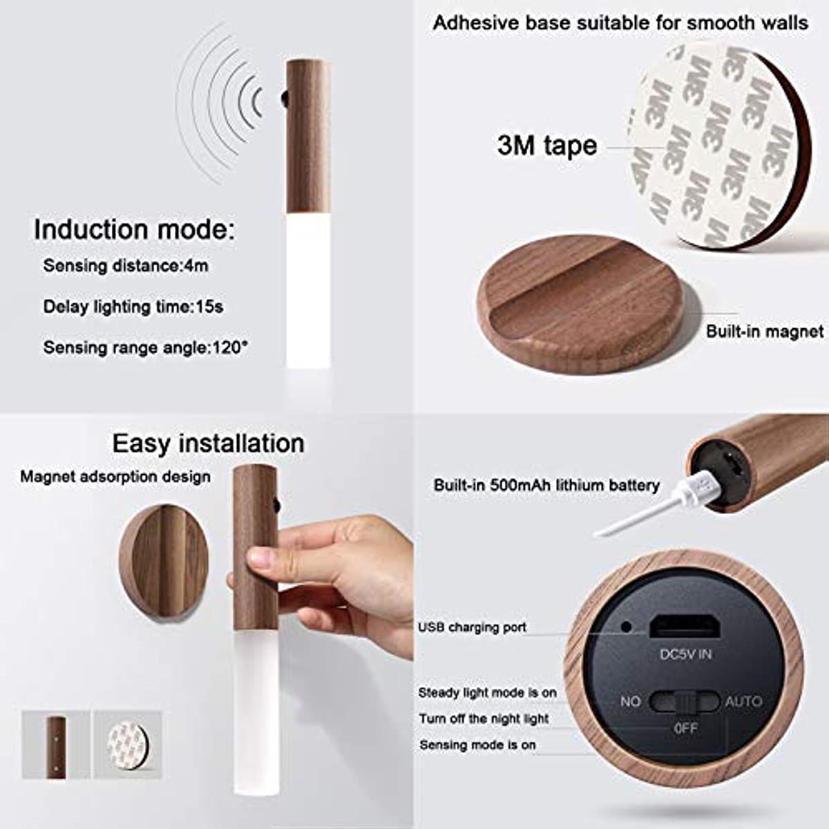 Motion Sensor Wall Lights Wood Battery Operated Magnetic USB Rechargeable Wireless Wall Lamp for Bedroom Hallway, Warm White 3000K
