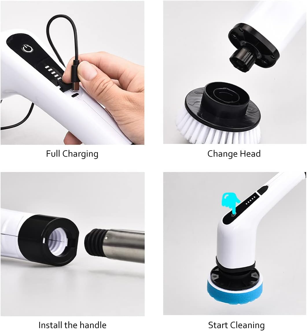 Electric Spin Scrubber, 360 rotating Cordless and Handheld Bathroom Scrubber with 8 Replaceable Cleaning Brush Heads for Cleaning Kitchen, Tile, Tub and Floor (White)