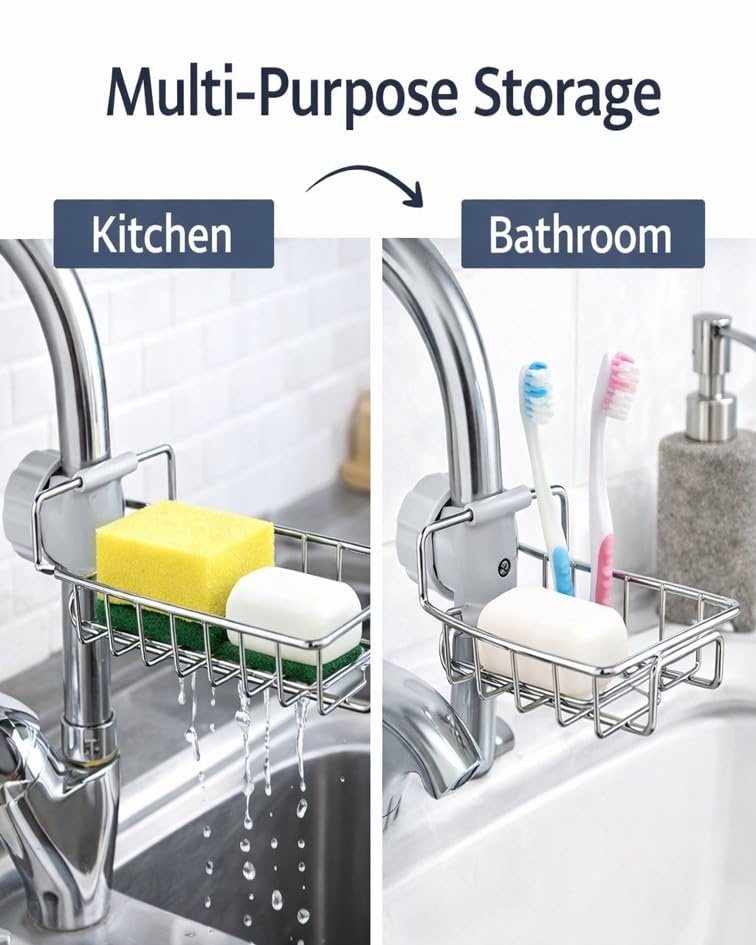 Stainless Steel Sink Caddy Organizer, Sink Faucet Stand, Tap Organizer Clip Storage Rack for Kitchen & Bathroom