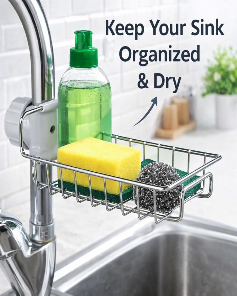 Stainless Steel Sink Caddy Organizer, Sink Faucet Stand, Tap Organizer Clip Storage Rack for Kitchen & Bathroom