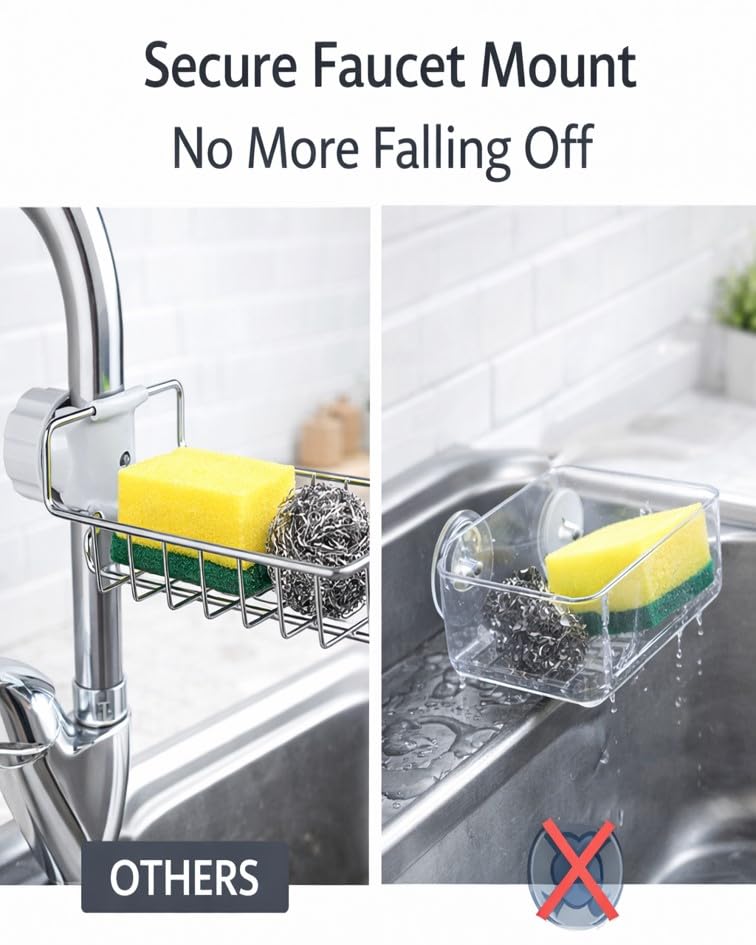 Stainless Steel Sink Caddy Organizer, Sink Faucet Stand, Tap Organizer Clip Storage Rack for Kitchen & Bathroom