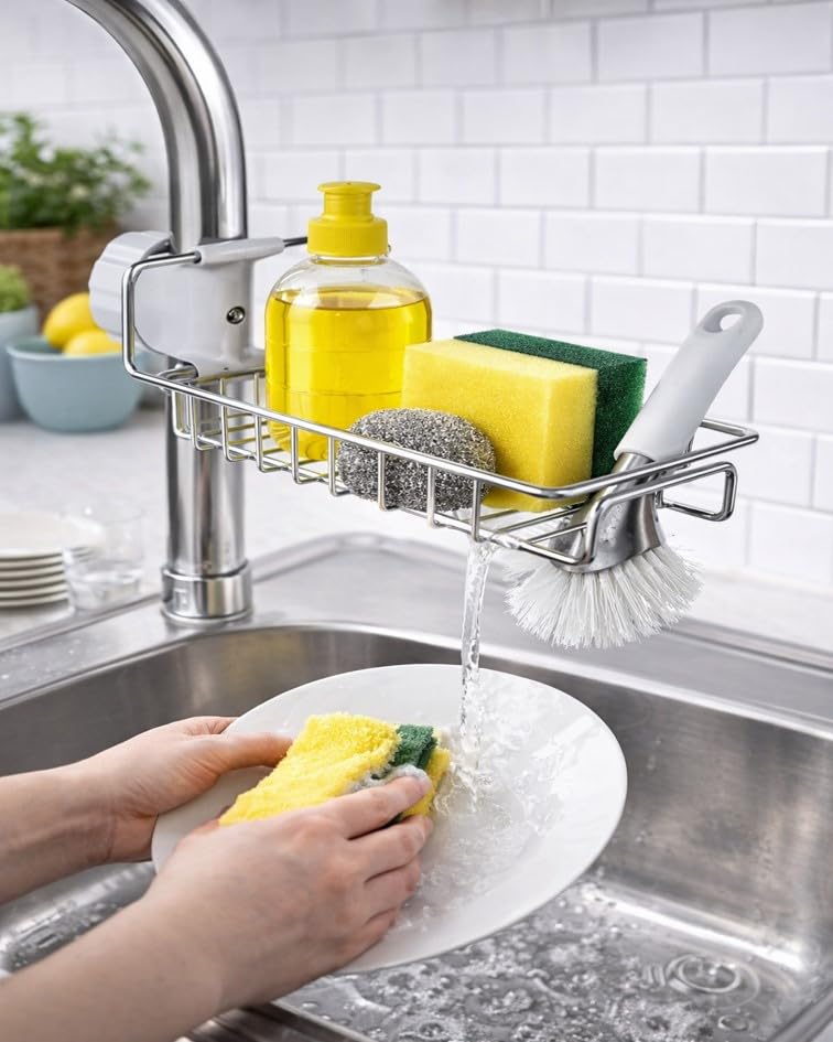 Stainless Steel Sink Caddy Organizer, Sink Faucet Stand, Tap Organizer Clip Storage Rack for Kitchen & Bathroom
