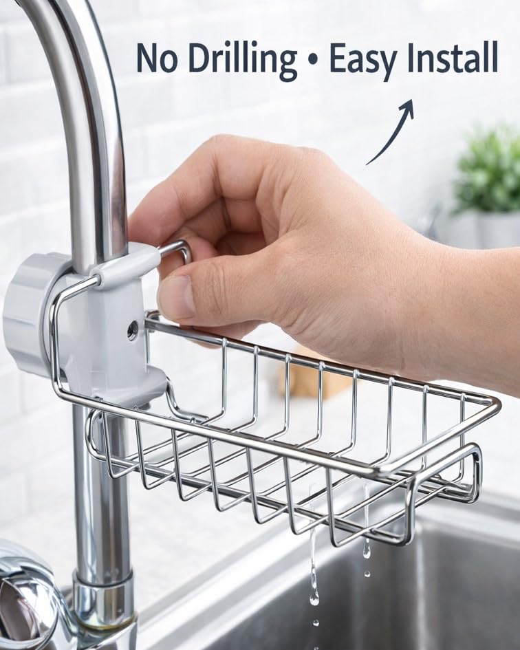 Stainless Steel Sink Caddy Organizer, Sink Faucet Stand, Tap Organizer Clip Storage Rack for Kitchen & Bathroom