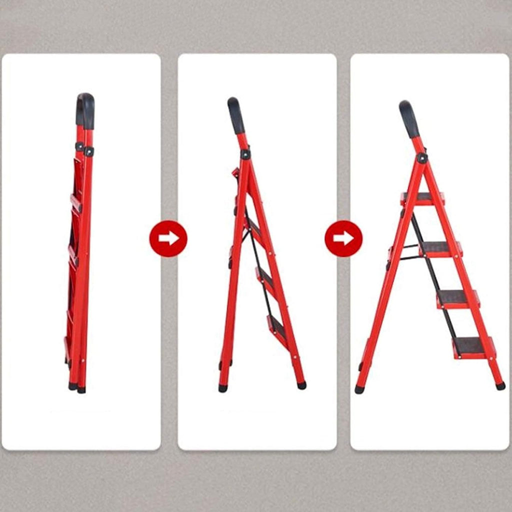 سلم حديدي قابل للطي باللون الأحمر مكون من 4 درجات