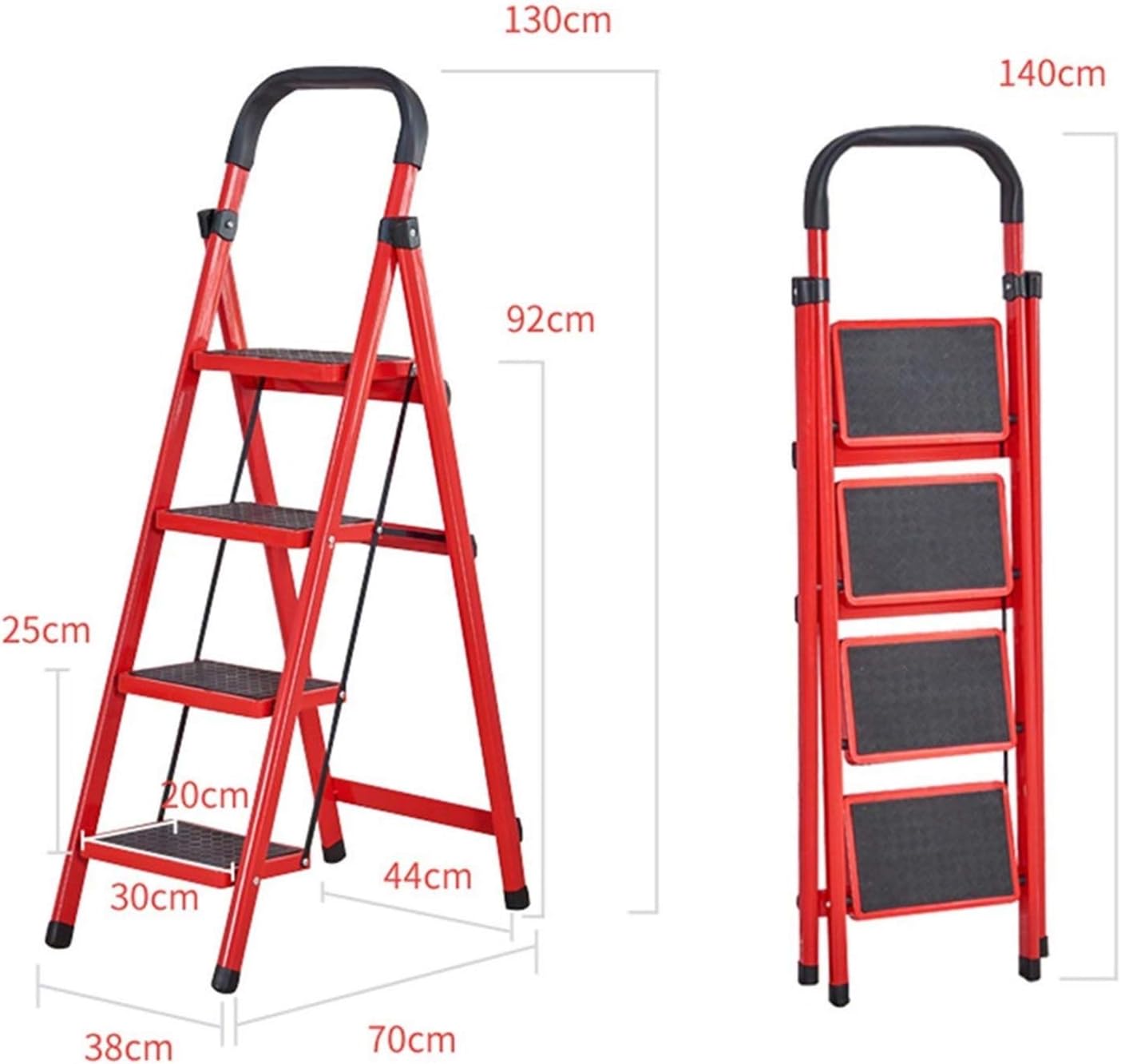 سلم حديدي قابل للطي باللون الأحمر مكون من 4 درجات