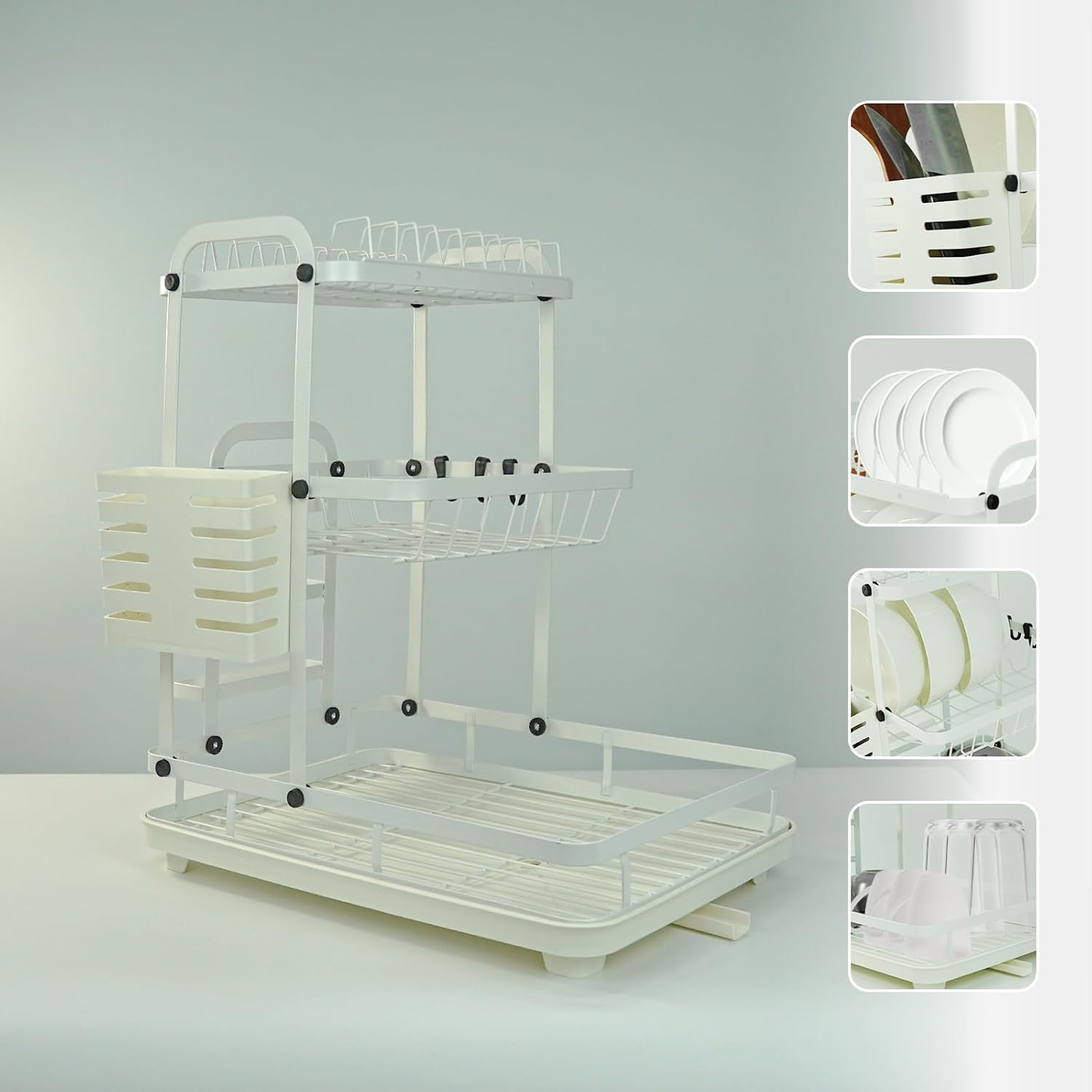 Dish Drying Rack - 3 Tier Dish Rack with Drain Spout, Rust Resistant Dish Drainer