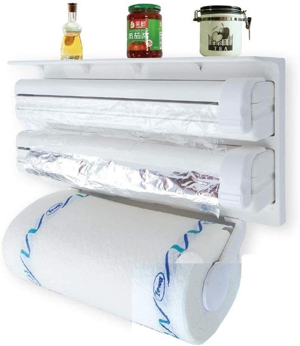 3 in 1 Wrap Center Holds Silver Foil, Plastic Wrap, and Paper Towels / 3 in 1 Kitchen Triple Paper Dispenser & Holder Paper/Foil/Cling Wrap (white)