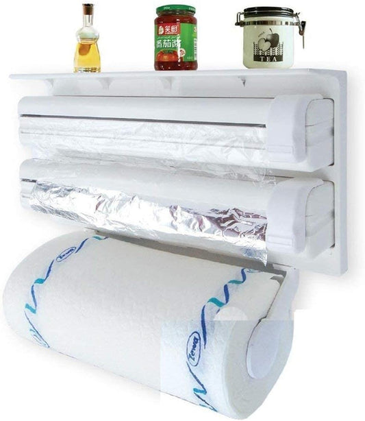 3 in 1 Wrap Center Holds Silver Foil, Plastic Wrap, and Paper Towels / 3 in 1 Kitchen Triple Paper Dispenser & Holder Paper/Foil/Cling Wrap (white)