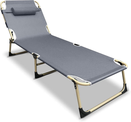 Folding Lounge Chair, Reclining Outdoor Lounger, Foldable Chaise Lounge Cot, Portable Lounge Chairs for Outside, Beach, Patio, Backyard, Pool Chair with Removable Padded Headrest, Gray