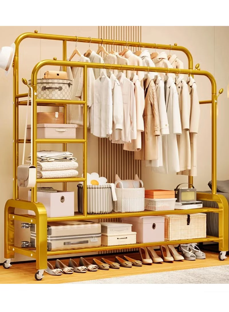 Double Clothes Rack Rolling Wardrobe Stand with Side Hooks