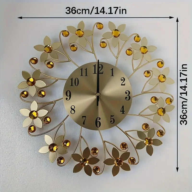Flower Design Golden Crystal Metallic Wall Clock
