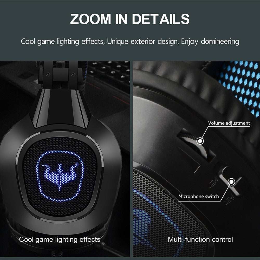 سماعة الألعاب السلكية GT64 فوق الأذن، سماعة رأس رياضية إلكترونية، إضاءة رائعة، USB + سماعات رأس 3.5 مم مع ميكروفون