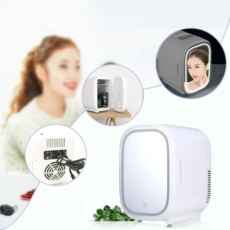 Mini Fridge with Mirror Door & Adjustable LED Lights 8L