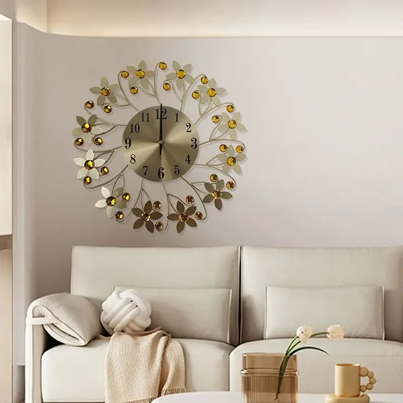 Flower Design Golden Crystal Metallic Wall Clock