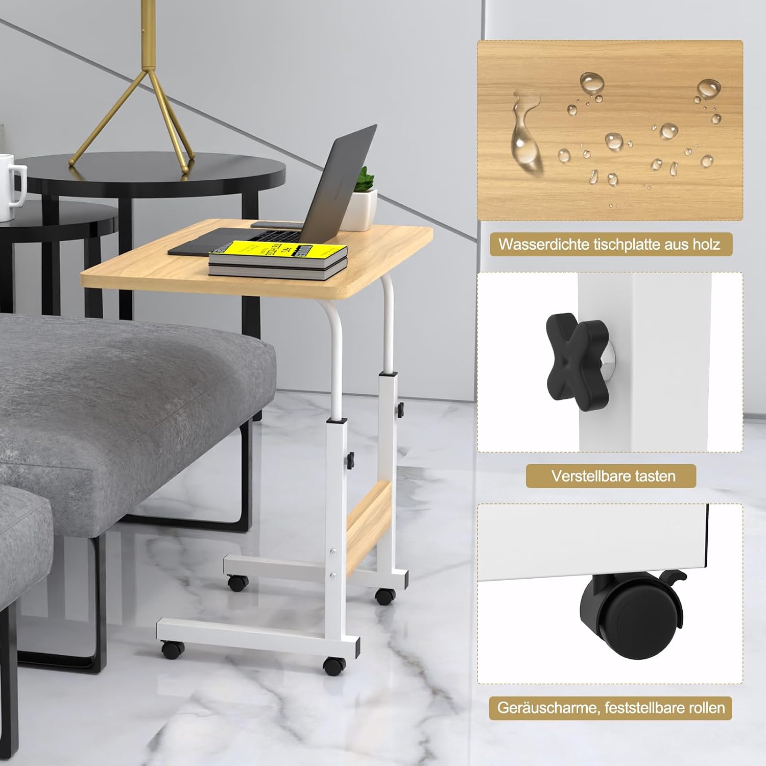 Side Table with Wheels, Laptop Table, Height Adjustable, Standing Desk, Laptop Stand