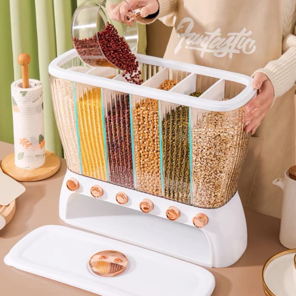 Rice Dispenser Storage Cereal Beans Container 6 Grids Grain Dispenser with Measuring Cup Lid