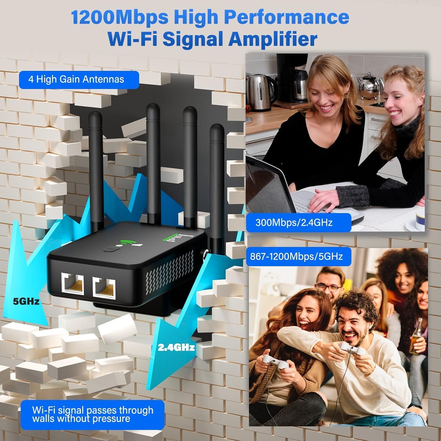 موسع نطاق واي فاي، معزز إشارة واي فاي بسرعة 1200 ميجابت في الثانية للمنزل والمكتب