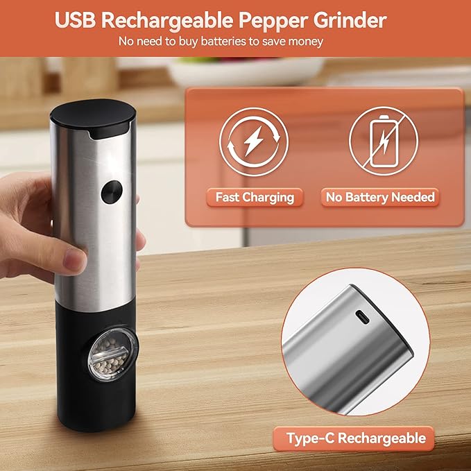 مجموعة مطحنة الملح والفلفل الكهربائية مع قاعدة تخزين، تعمل بالبطارية أو كابل USB