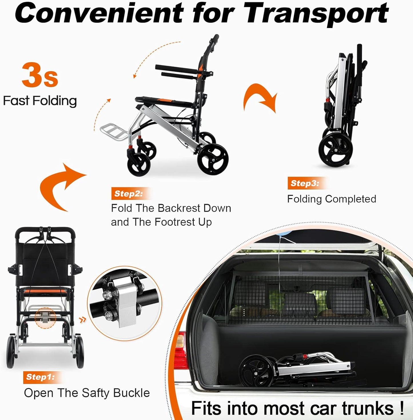 Ultra Light Transport Wheelchairs for Seniors Weight Only 15lbs, Travel Wheelchairs for Adults Lightweight Foldable Support 220lbs