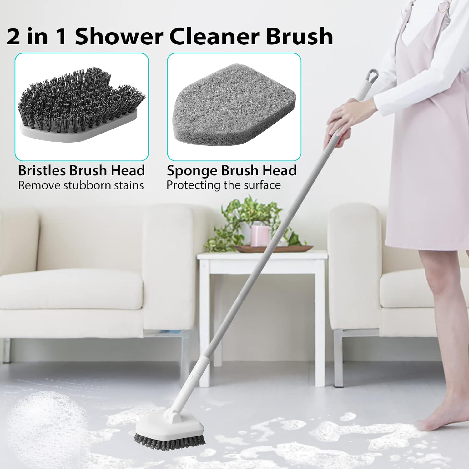 Cleaning Brush with Long Handle, 2 in 1 Tub Tile Scrubber Brush with Sponge and Bristles Cleaning Heads,