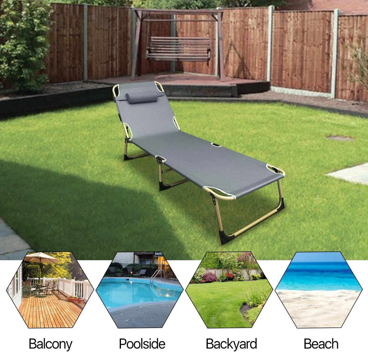 Folding Lounge Chair, Reclining Outdoor Lounger, Foldable Chaise Lounge Cot, Portable Lounge Chairs for Outside, Beach, Patio, Backyard, Pool Chair with Removable Padded Headrest, Gray