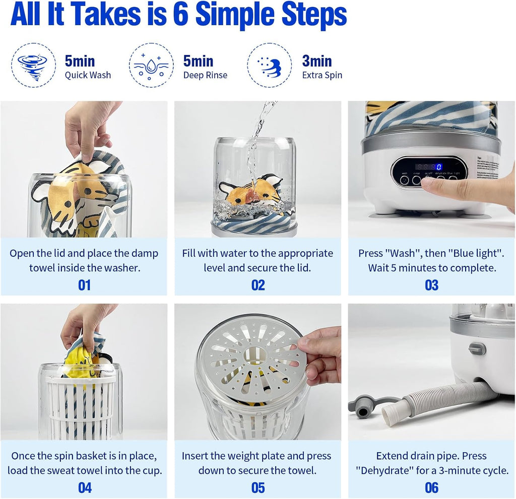 Portable 3L Mini USB Rechargeable Washing Machine with Blue-light