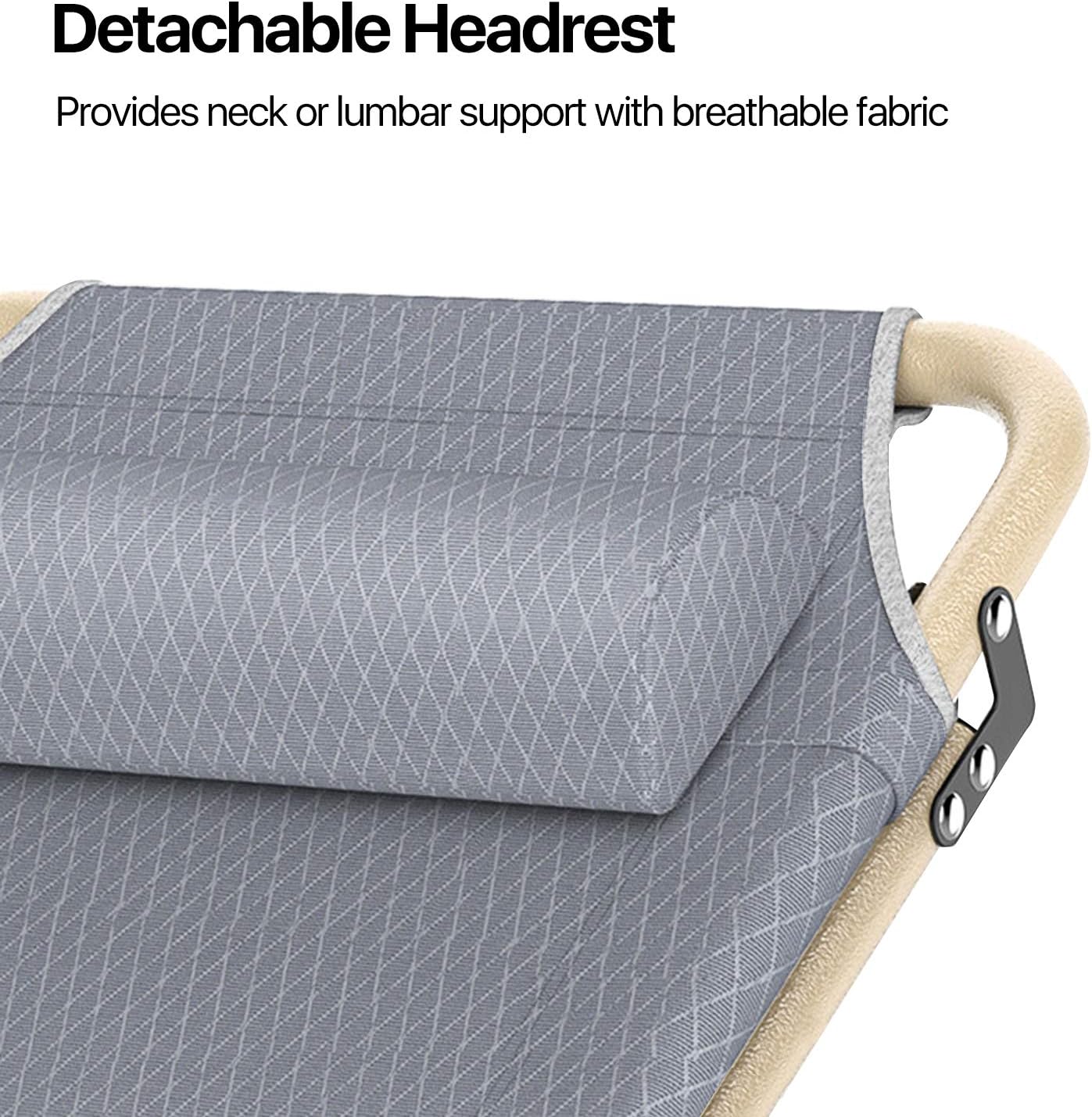 Folding Lounge Chair, Reclining Outdoor Lounger, Foldable Chaise Lounge Cot, Portable Lounge Chairs for Outside, Beach, Patio, Backyard, Pool Chair with Removable Padded Headrest, Gray