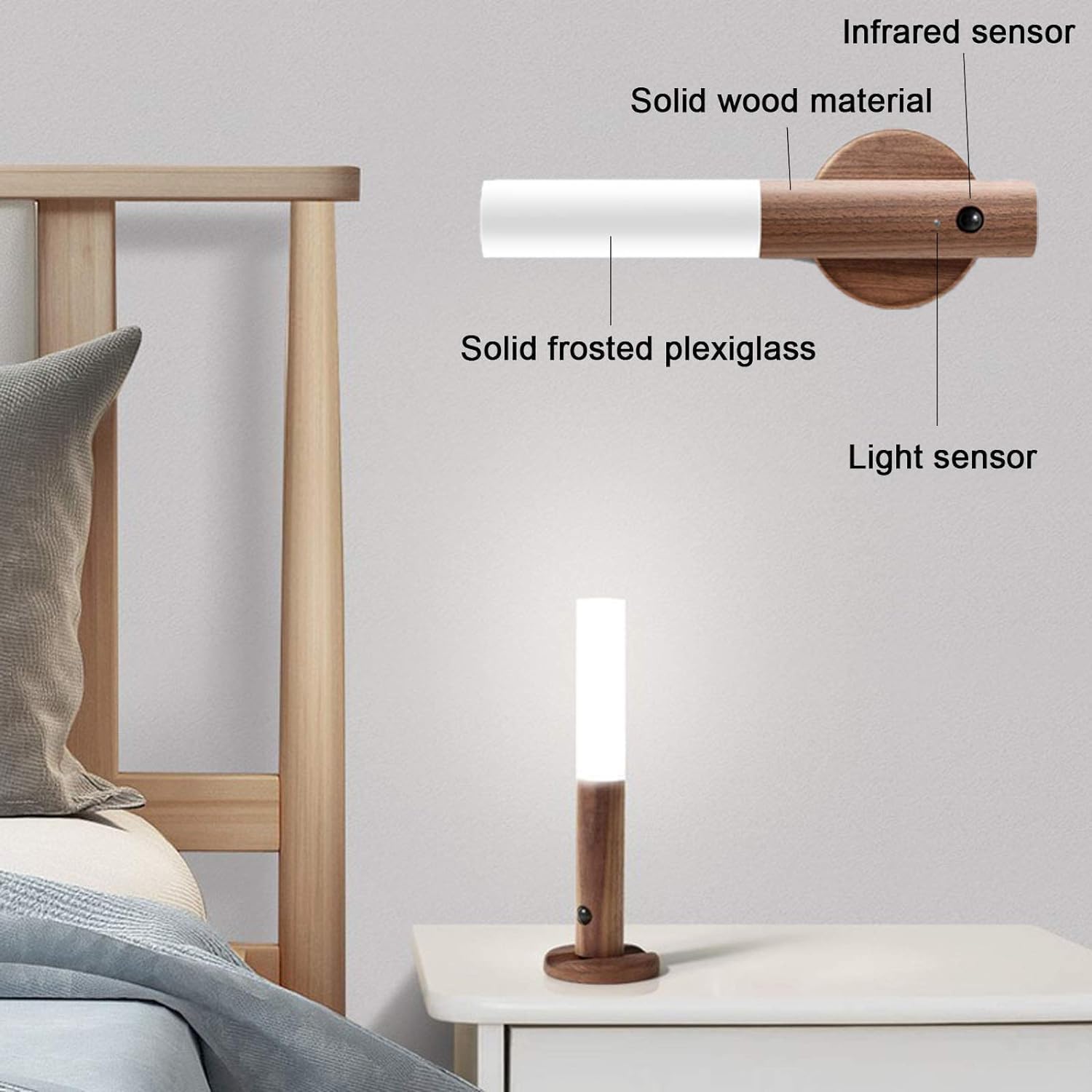 Motion Sensor Wall Lights Wood Battery Operated Magnetic USB Rechargeable Wireless Wall Lamp for Bedroom Hallway, Warm White 3000K