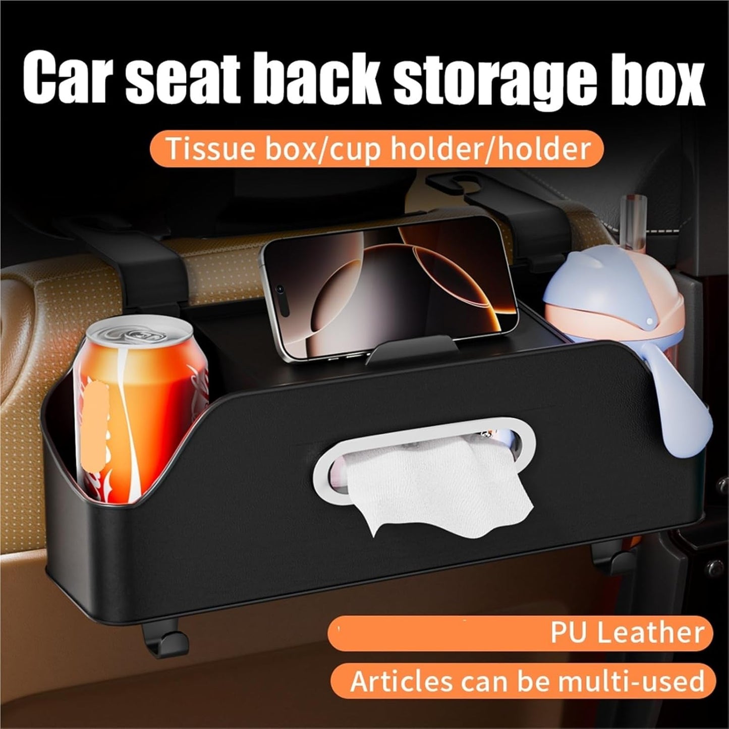 صندوق تخزين متعدد الوظائف لظهر مقعد السيارة، منظم مقعد سيارة عالمي مع حاملين لأكواب الشراب وخطافين، منظم مناديل لظهر مقعد السيارة للعائلة والسفر (أسود)