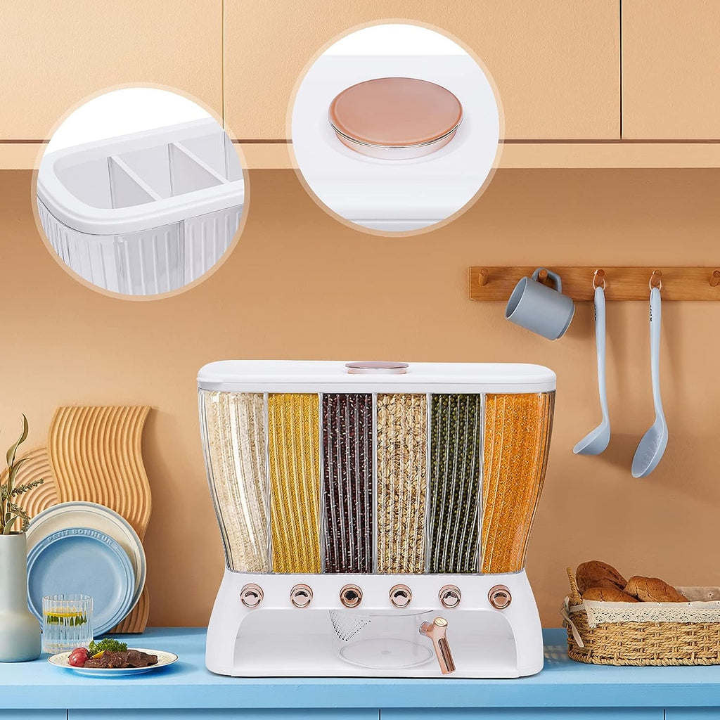 Rice Dispenser Storage Cereal Beans Container 6 Grids Grain Dispenser with Measuring Cup Lid