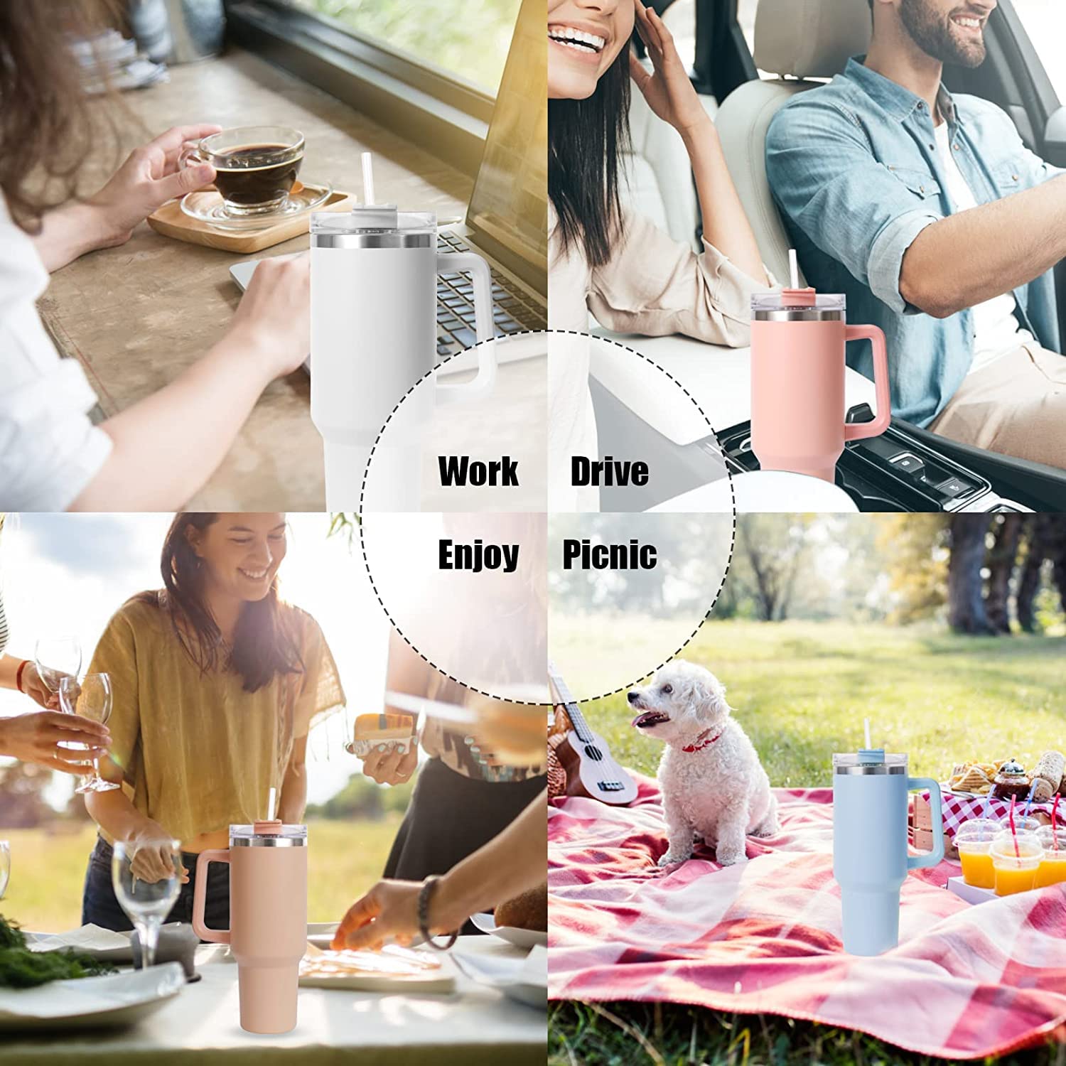 Tumbler with Straw Lid and Handle, 40oz Stainless Steel Coffee Travel Insulated Cup Mug