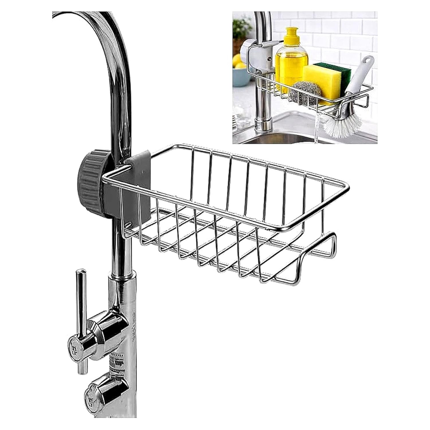 Stainless Steel Sink Caddy Organizer, Sink Faucet Stand, Tap Organizer Clip Storage Rack for Kitchen & Bathroom