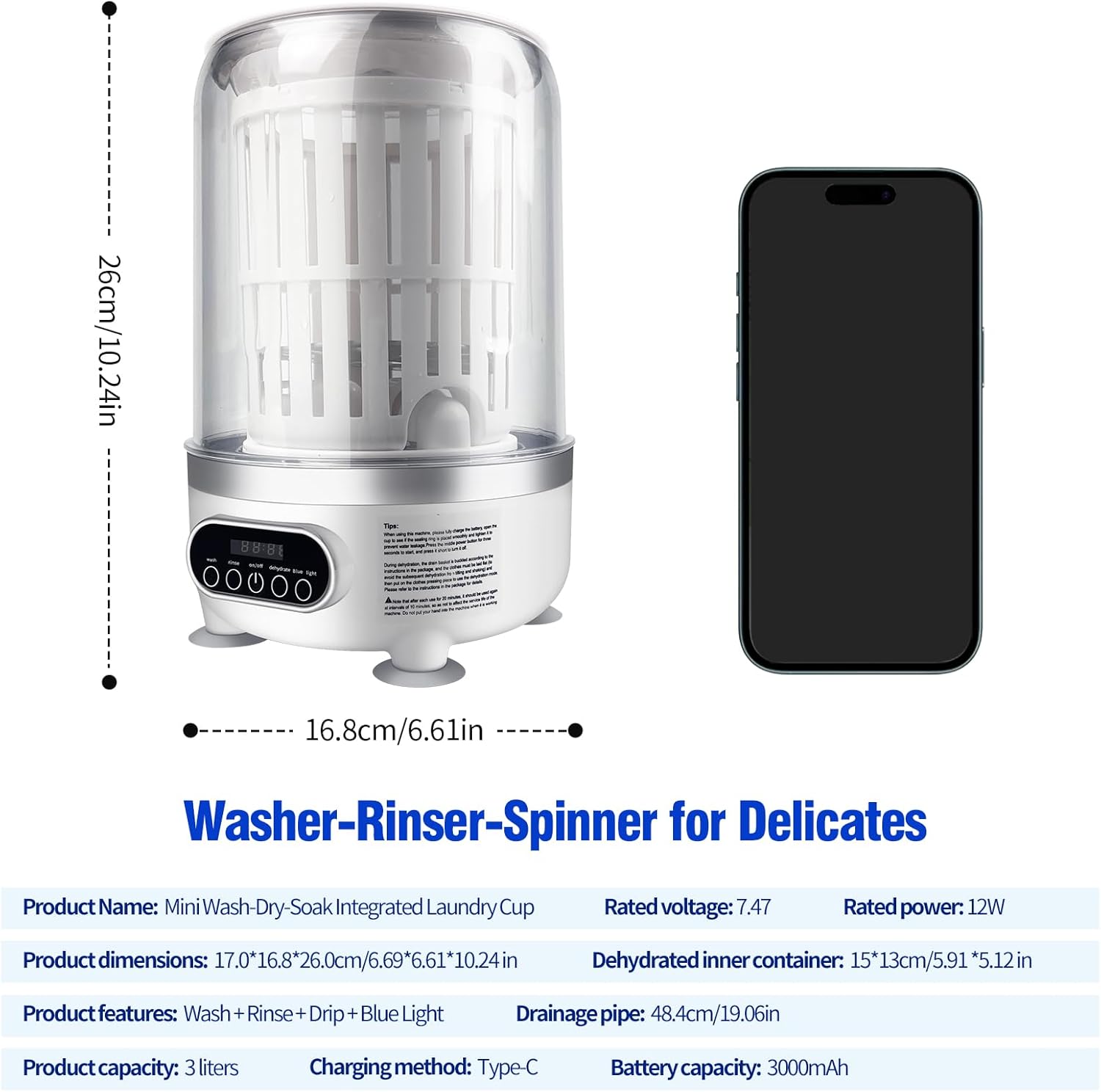 Portable 3L Mini USB Rechargeable Washing Machine with Blue-light