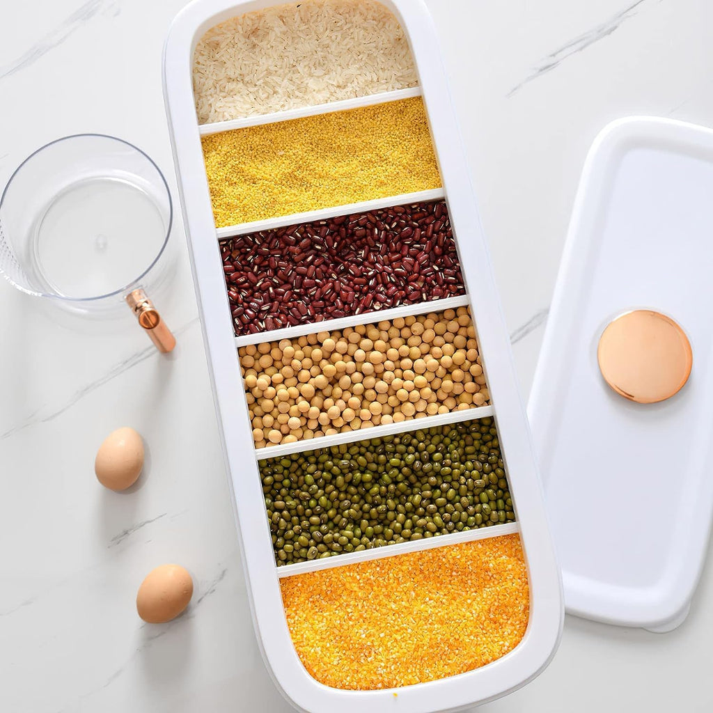 Rice Dispenser Storage Cereal Beans Container 6 Grids Grain Dispenser with Measuring Cup Lid