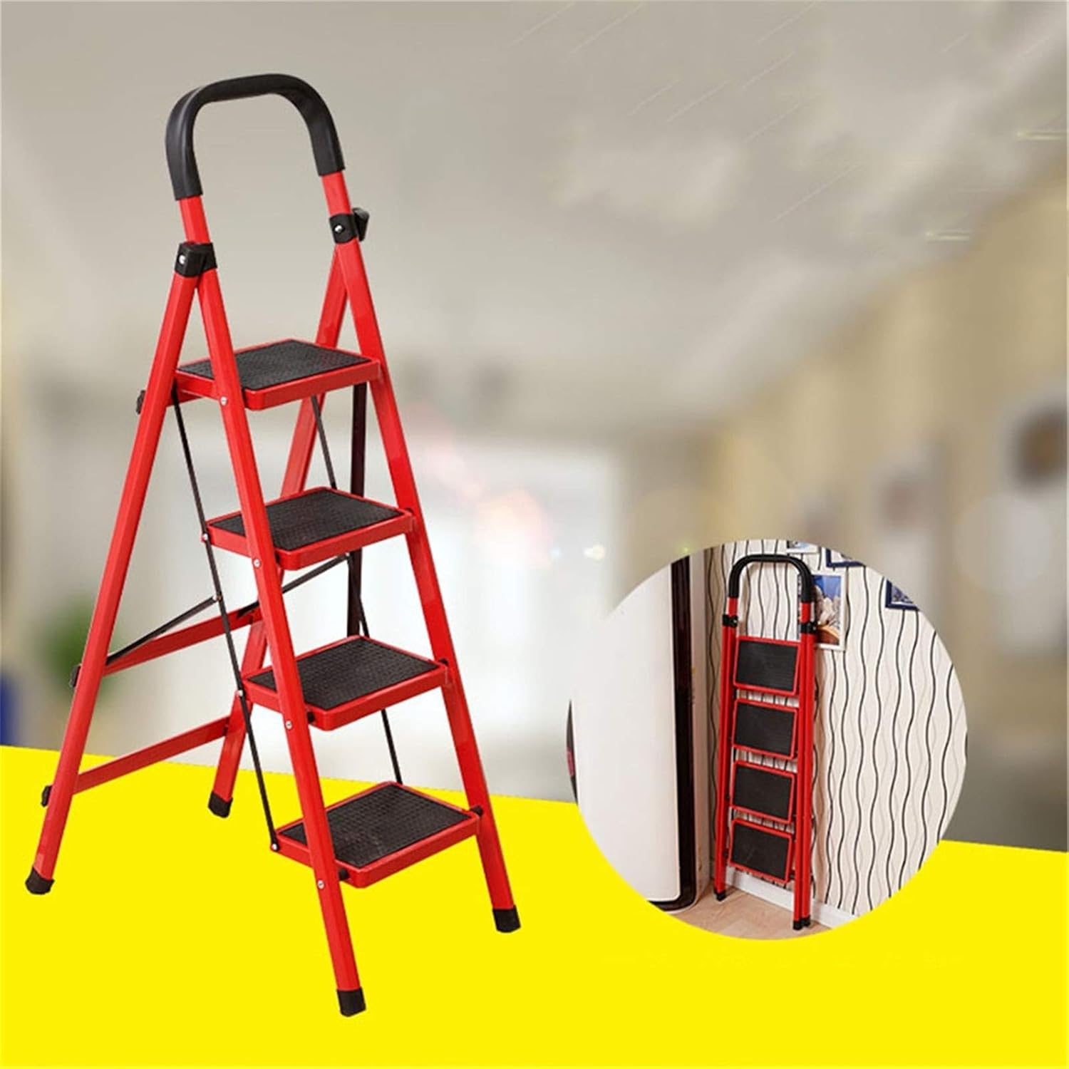 سلم حديدي قابل للطي باللون الأحمر مكون من 4 درجات
