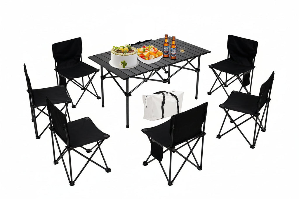 طقم طاولة وكراسي للتخييم، طاولة قابلة للطي محمولة ومقاعد لستة أشخاص