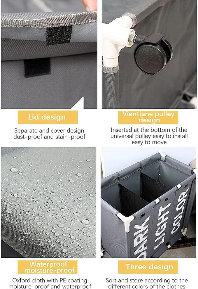 3 Section Large Capacity Laundry Basket With Wheels & Handle