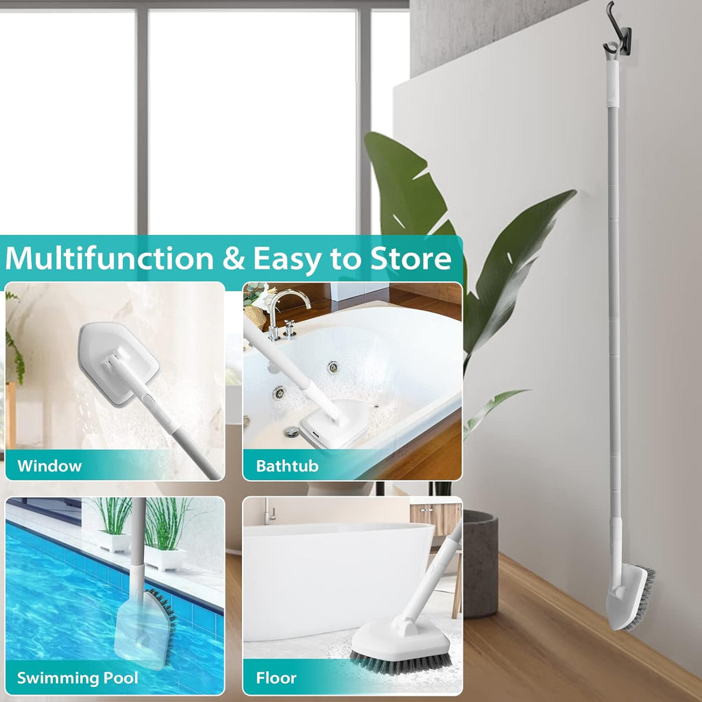 Cleaning Brush with Long Handle, 2 in 1 Tub Tile Scrubber Brush with Sponge and Bristles Cleaning Heads,