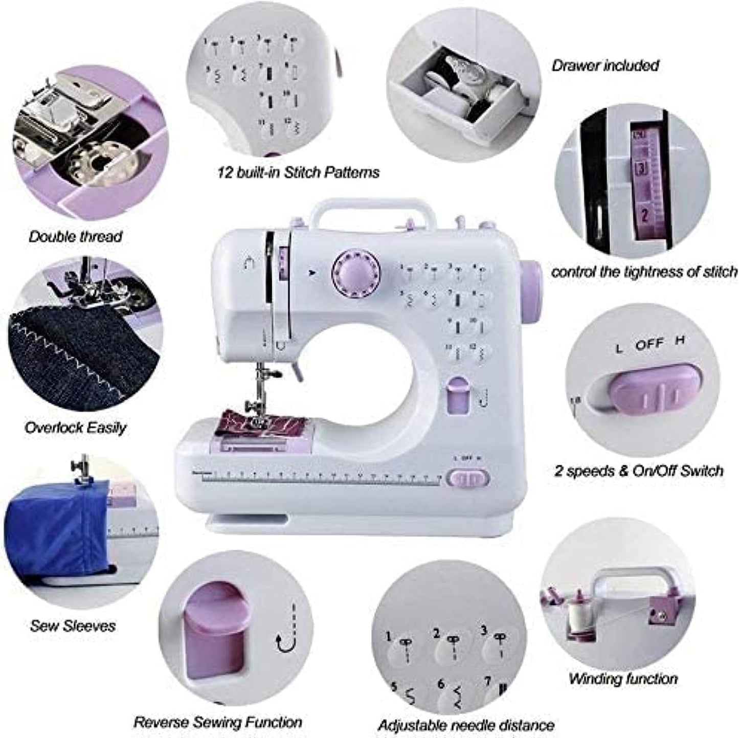 Portable Mini Automatic Sewing Machine,Electric Professional Crafting Mending Tool - LED 12 Stitches 2 Speed with Foot Pedal for Household