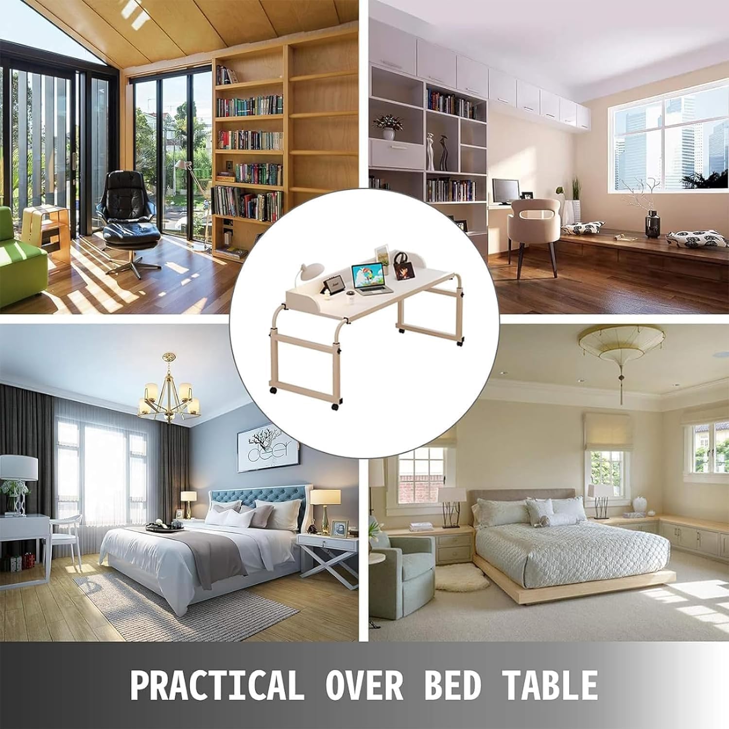 Over bed Table with Wheels, Height Adjustable Computer Desk Workstation