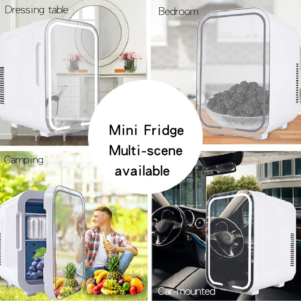 Mini Fridge with Mirror Door & Adjustable LED Lights 8L