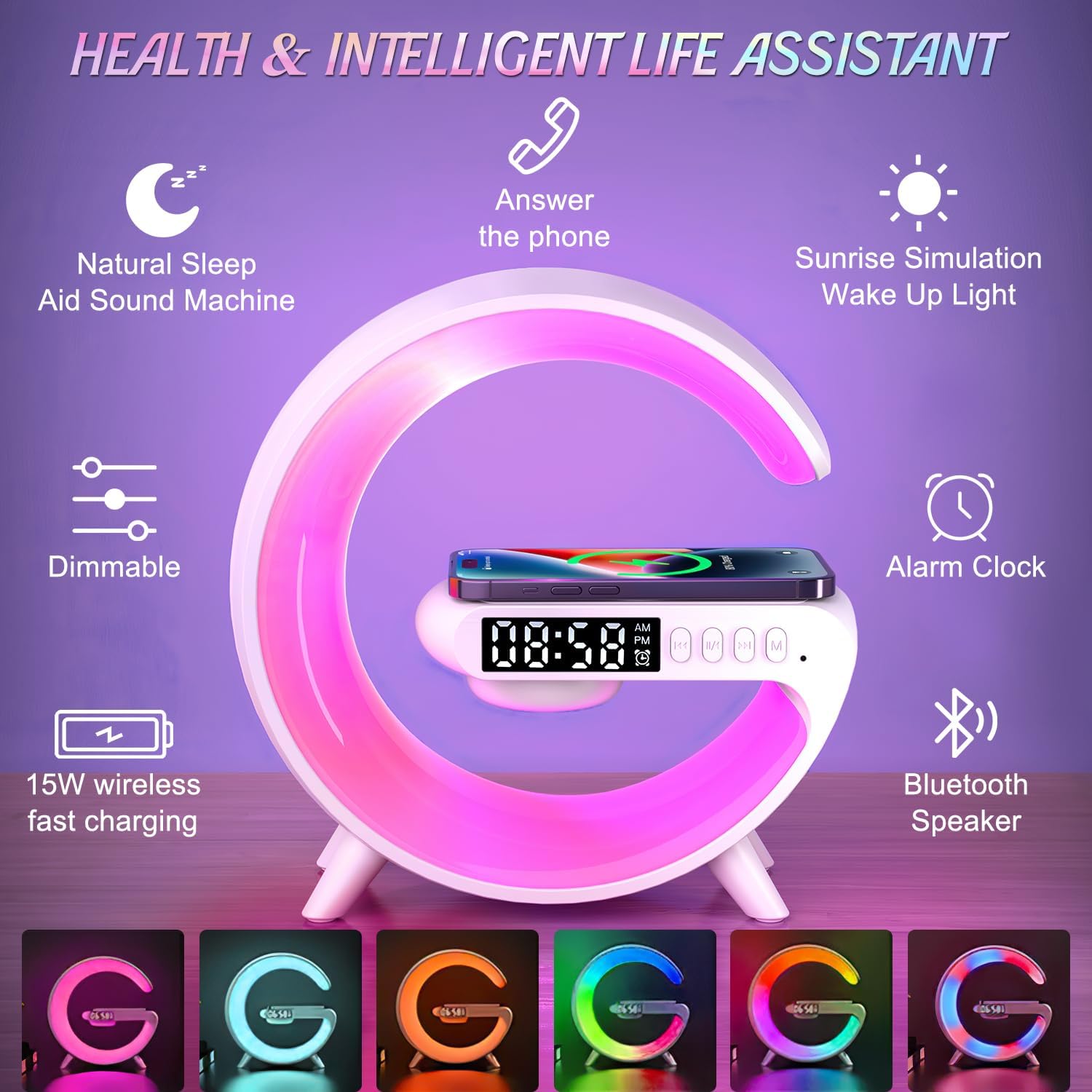 Mini Wireless Charging Atmosphere Lamp,Bluetooth Speaker Alarm Clock